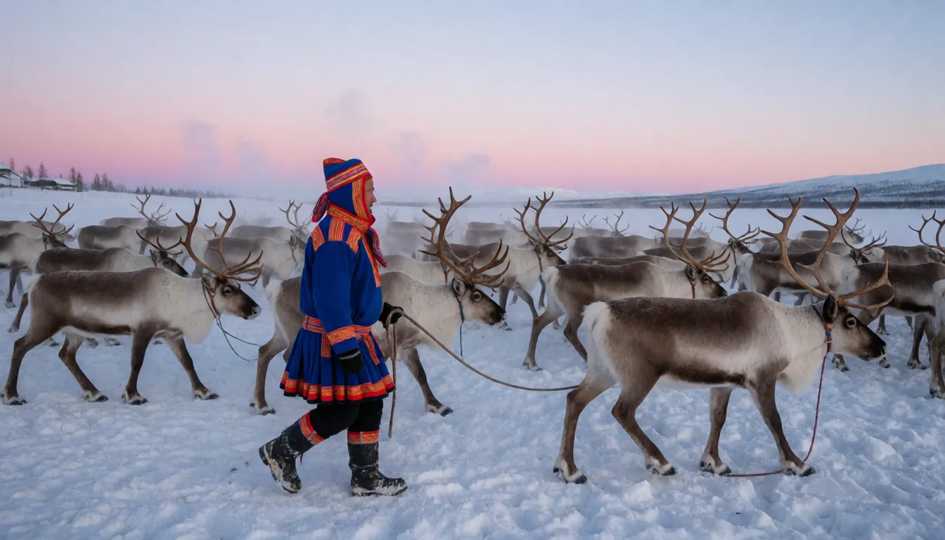 A Sami reindeer herder with the herd at dusk