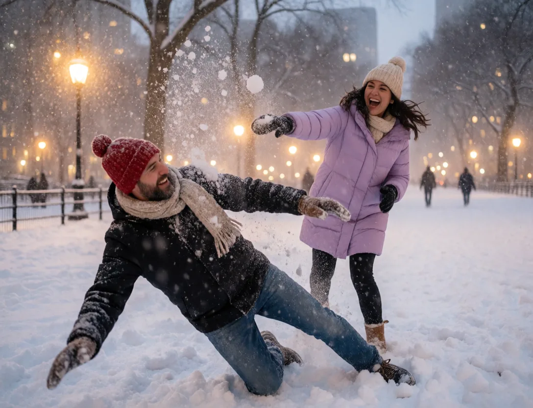 Adult friends having a wild snowball fight in the park