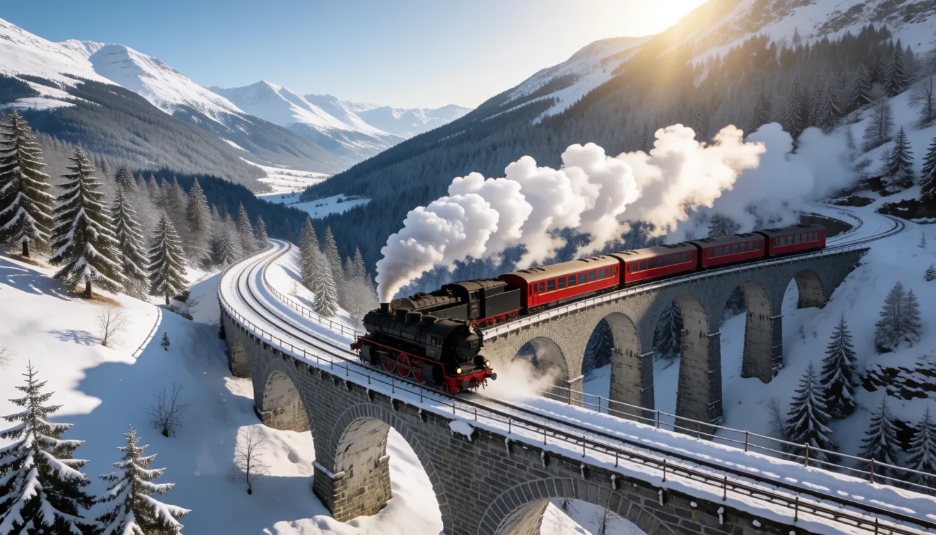 A steam train crossing a snowy viaduct