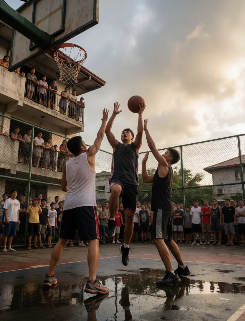 Street basketball game on a wet outdoor court