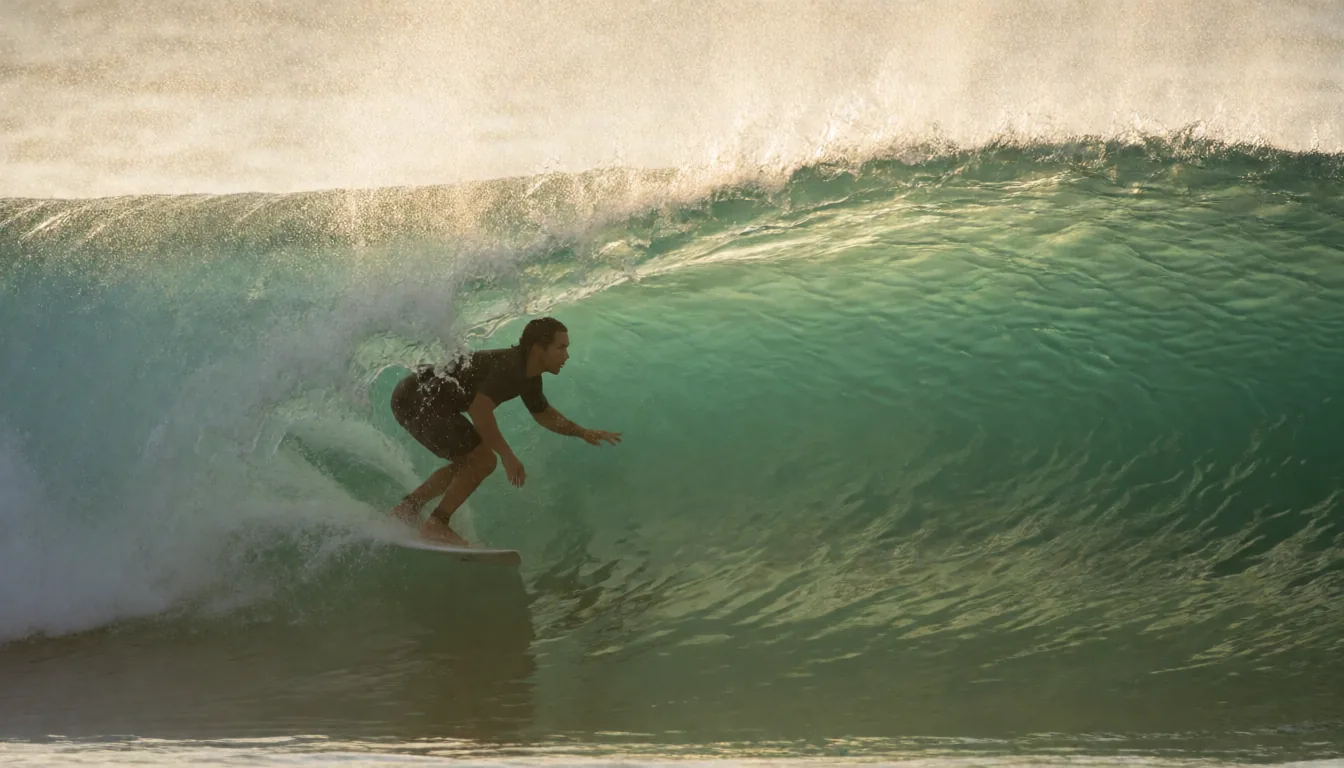 Surfer riding inside a big turquoise wave