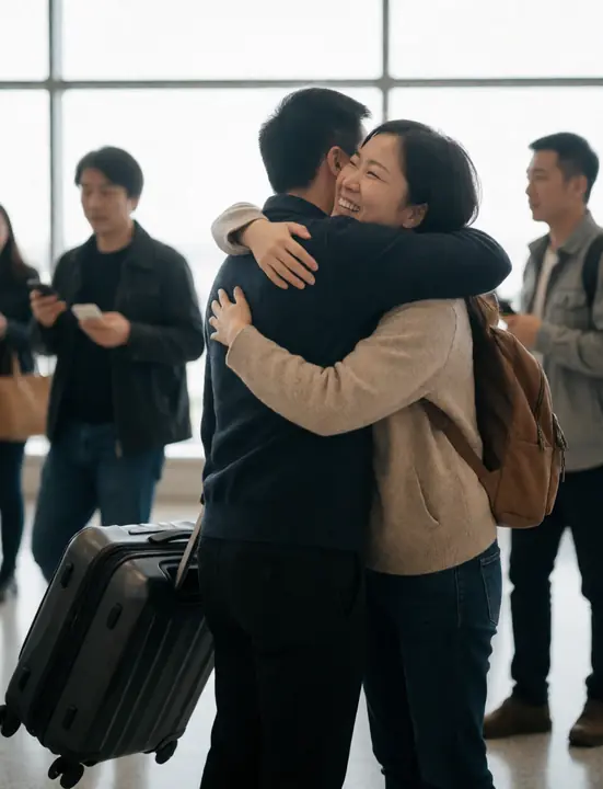 A tearful reunion hug at an airport