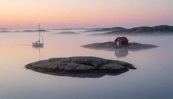 Mist over the Swedish archipelago at dawn