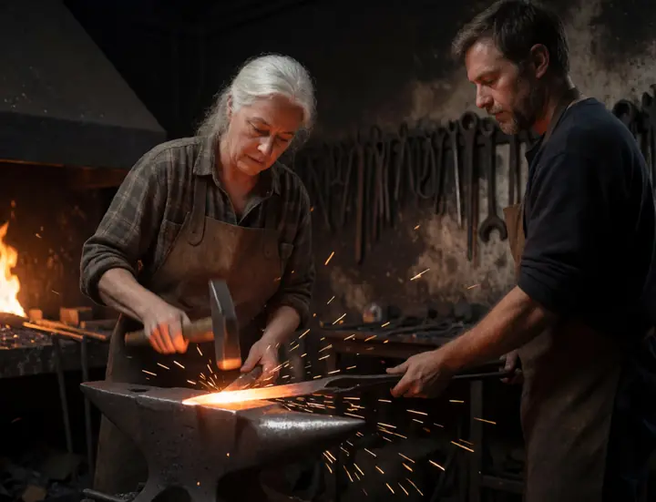 Blacksmith hammering a glowing blade with sparks flying