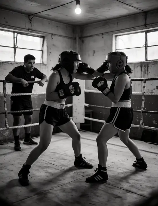 Two women sparring in an old boxing gym