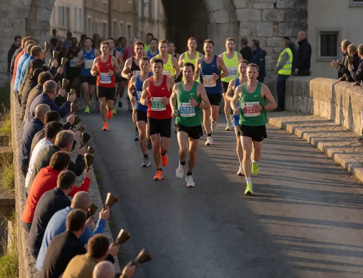 Runners in a city marathon crossing a bridge at sunrise
