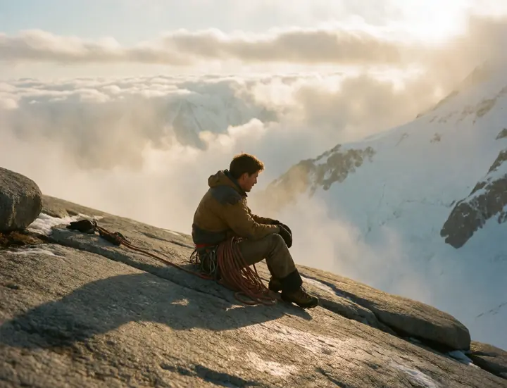 a climber resting on a granite ledge above the clouds