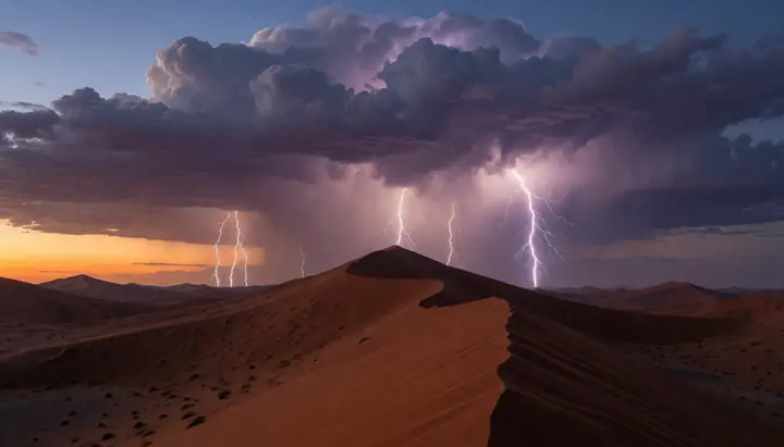 A lightning storm over desert dunes