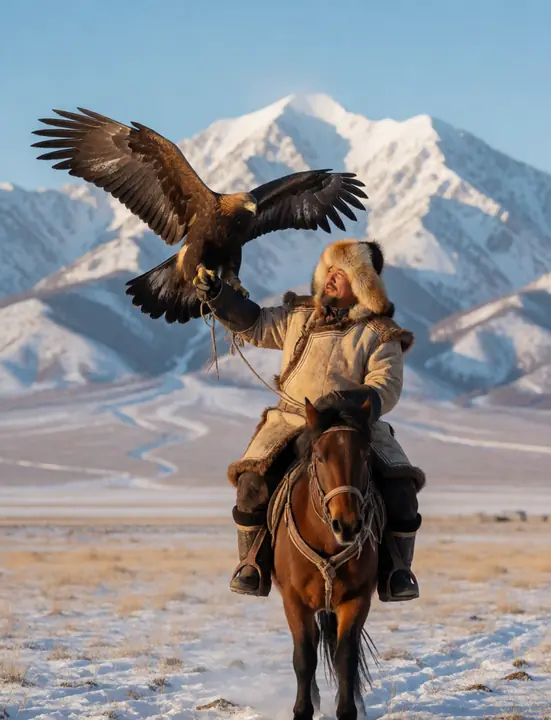 A Kazakh eagle hunter on horseback in the mountains