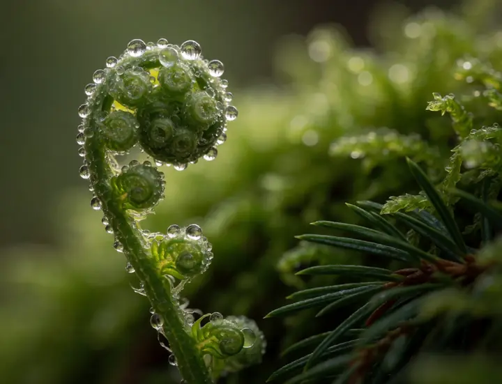 An unfurling fern with dew