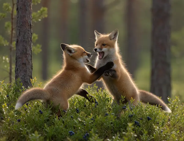 Fox cubs playing in the blueberries