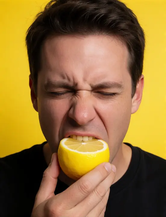A man biting into a lemon