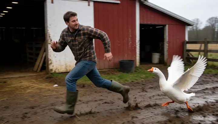A man chased by an angry goose