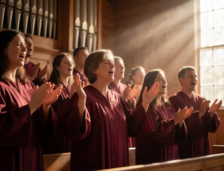 Gospel choir singing joyfully in a sunlit church