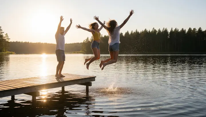 Friends jumping off a jetty into a lake at sunset