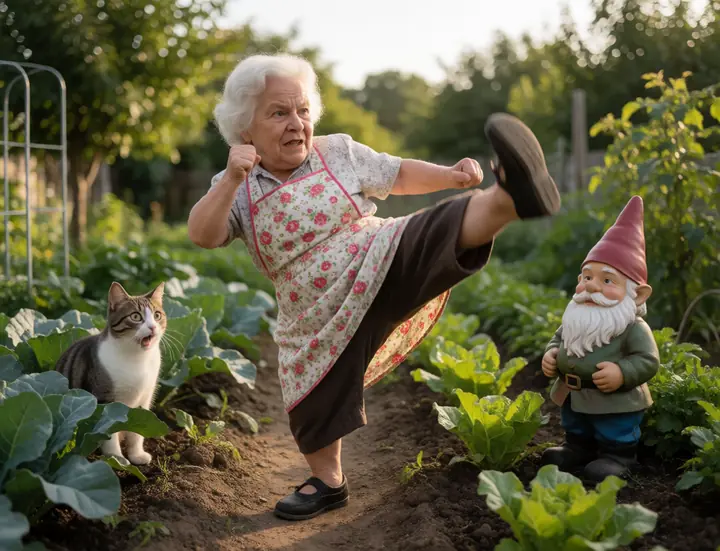 A grandmother doing a flying karate kick