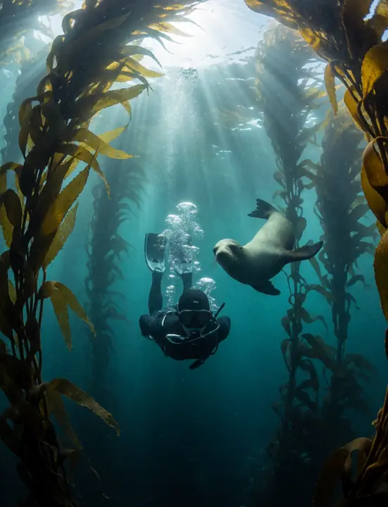 A diver in a kelp forest