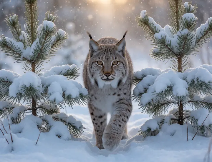 A lynx in a snowy pine forest
