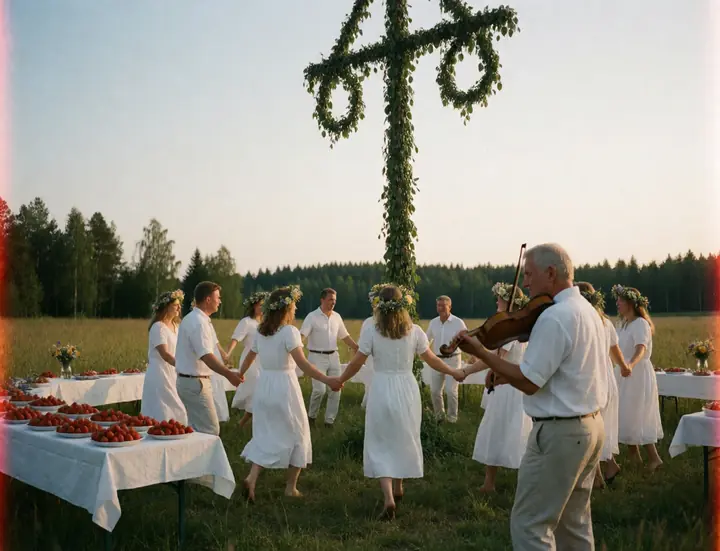 Swedes dancing around the maypole at midsummer, film photo