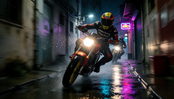 A motorbike chase through an alley