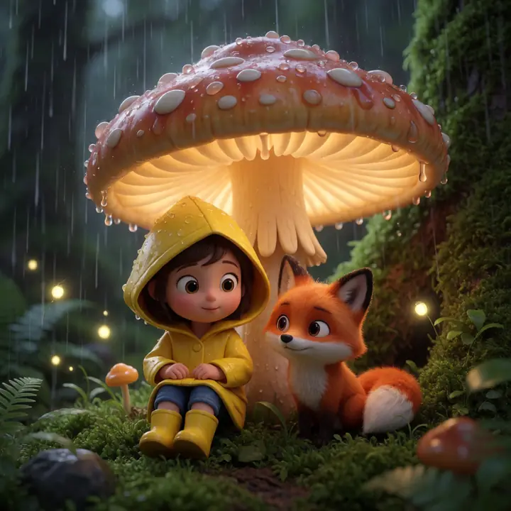 An animated girl and fox under a mushroom