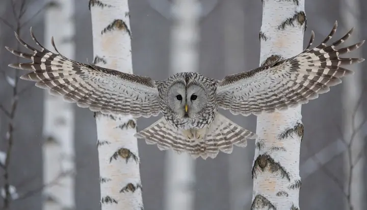 An owl gliding between birches