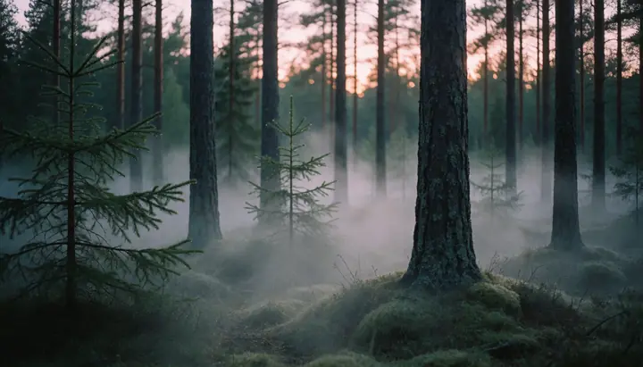 a misty pine forest at dawn, low fog between the trunks