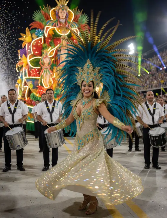 Samba dancer in a giant feather headdress at carnival