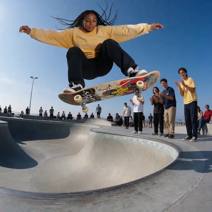 Skateboarder catching air in a concrete bowl