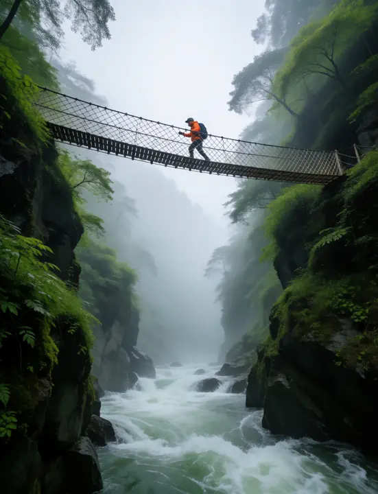 A hiker crossing a rope bridge over a gorge