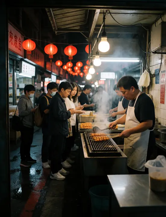 Busy night market food stall in Taipei at night