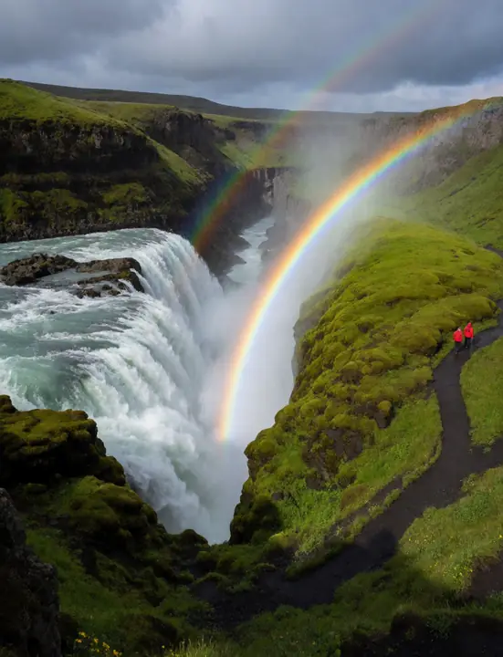 A giant waterfall with a rainbow in Iceland