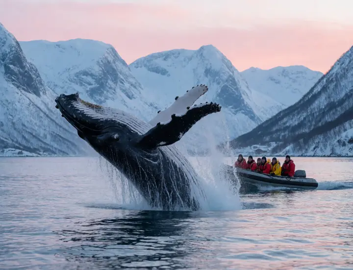 A humpback whale breaching beside a small boat