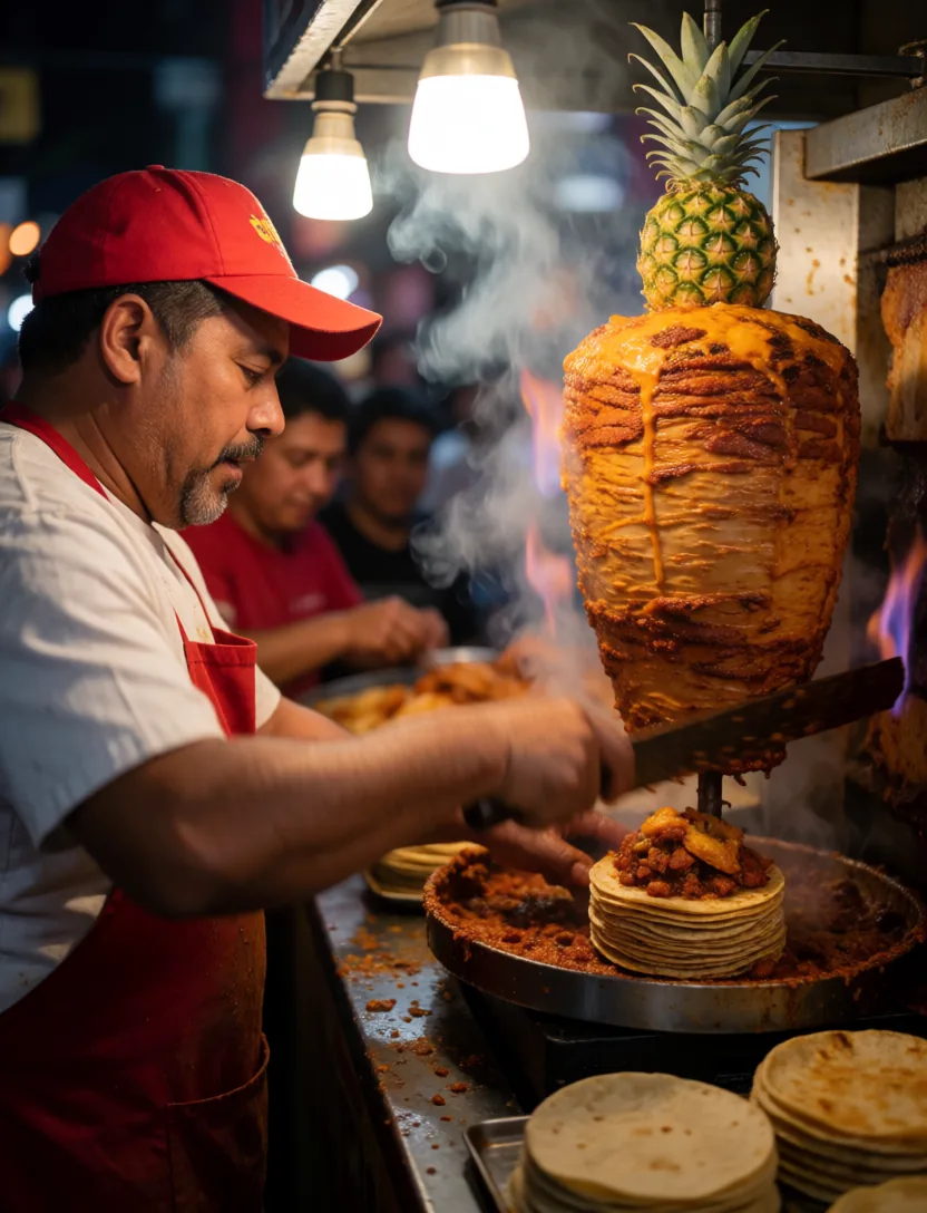 A street vendor making tacos al pastor at night