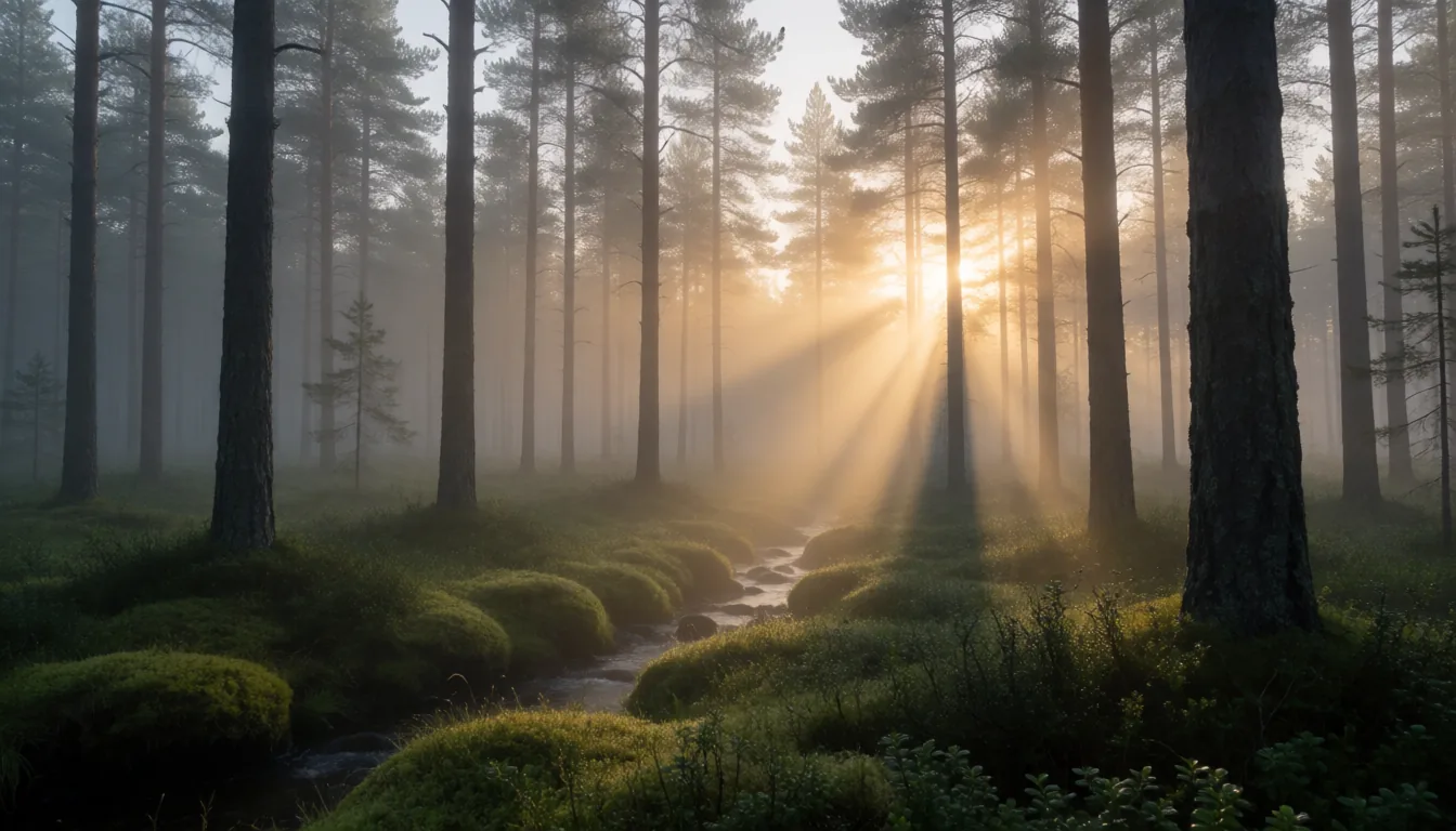 Sunbeams through a misty northern pine forest