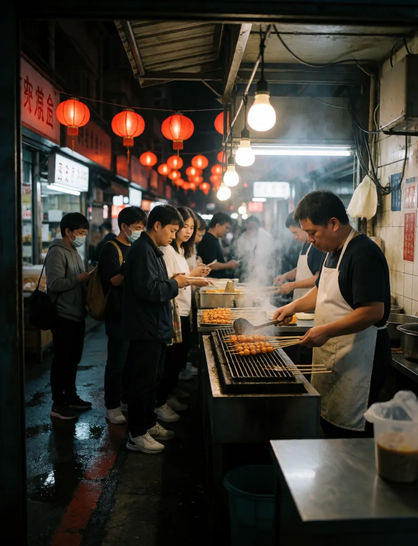 Busy night market food stall in Taipei at night