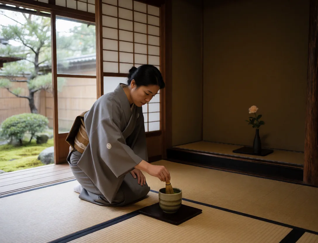 A Japanese tea ceremony in a quiet tea house