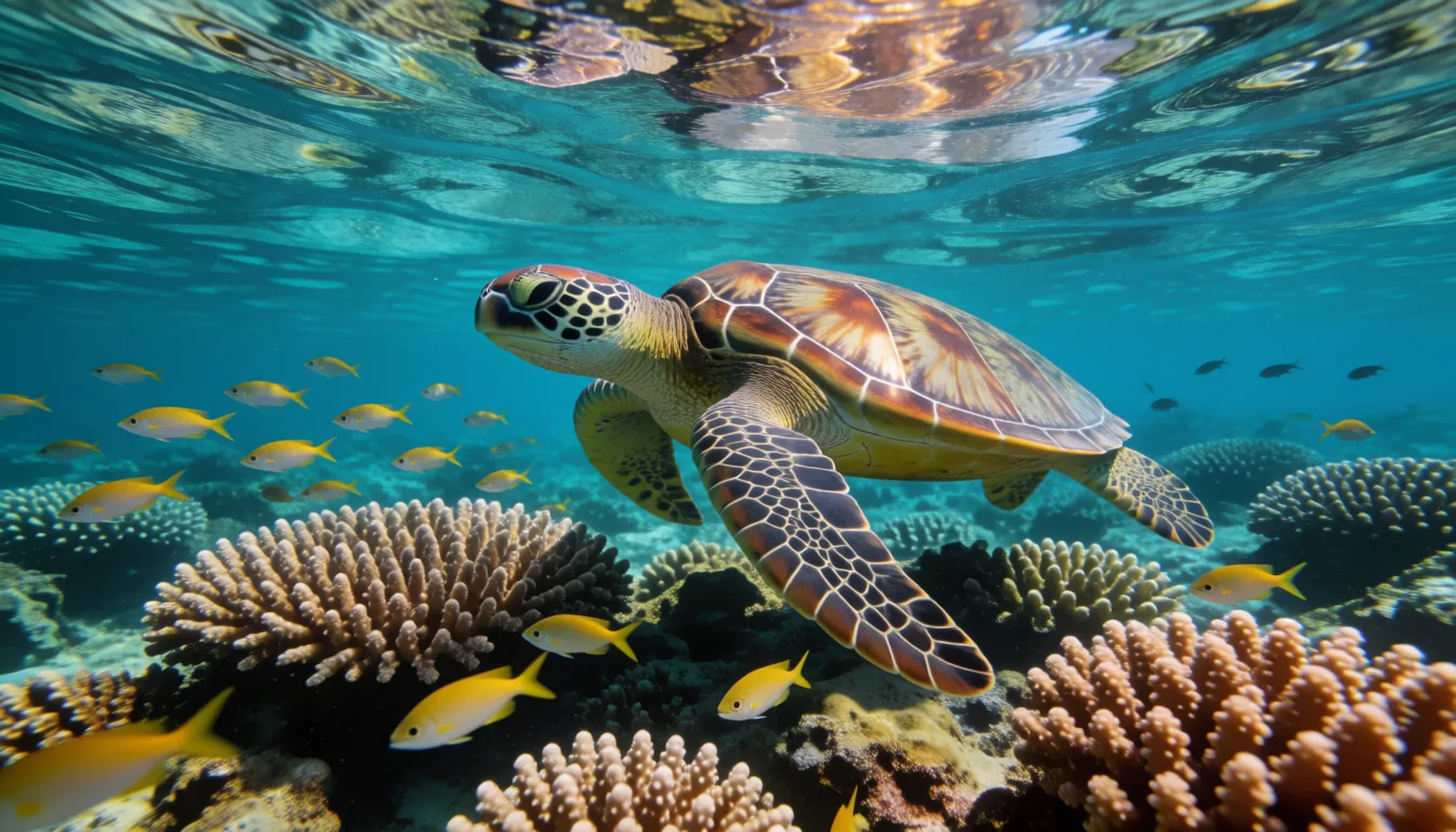 A sea turtle over a coral reef