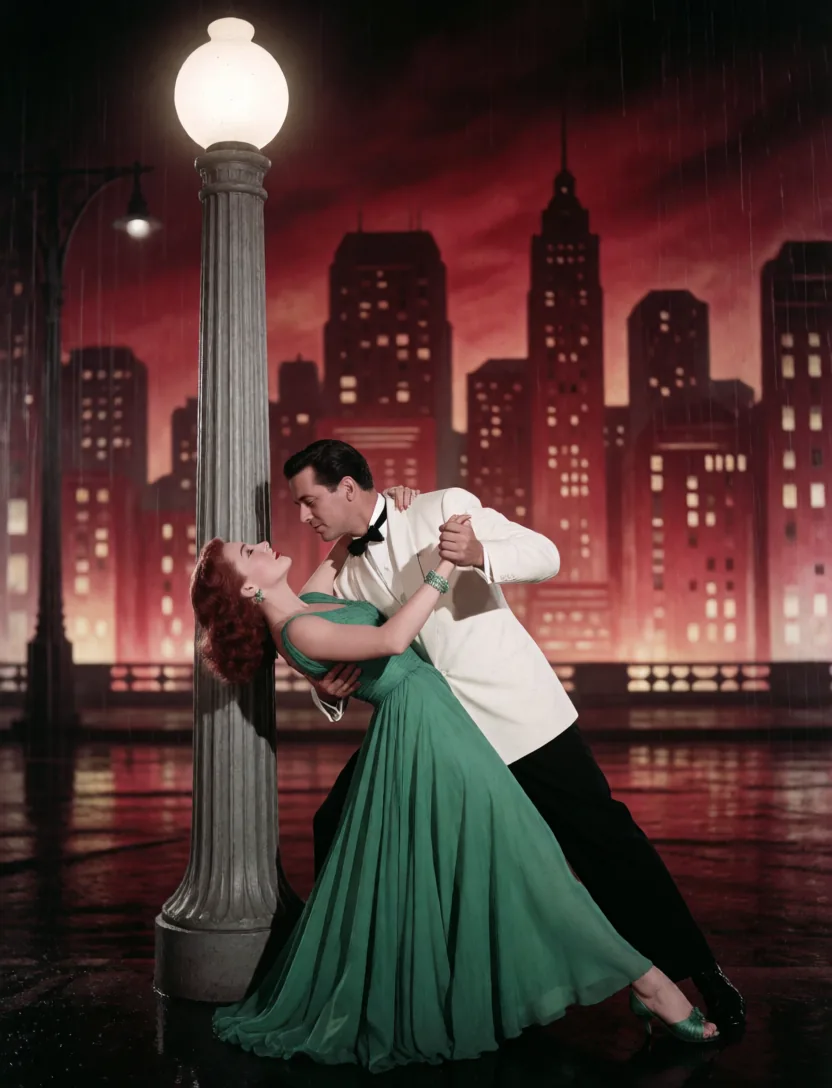 Old Hollywood couple dancing under a lamppost in the rain