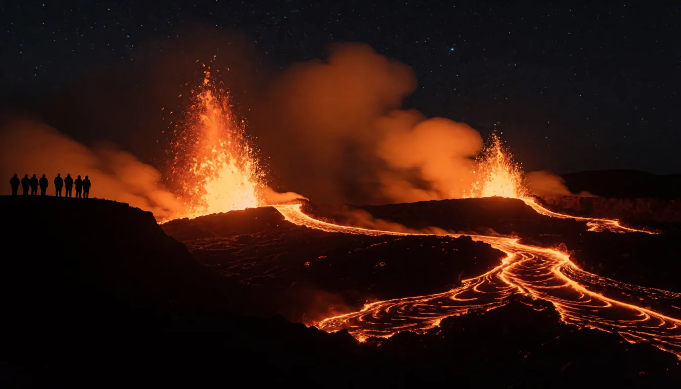 A volcano erupting at night with rivers of lava