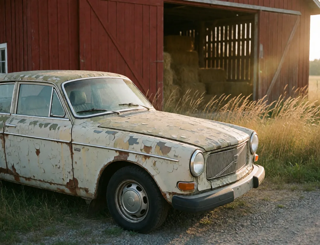 an old Volvo parked outside a red wooden barn